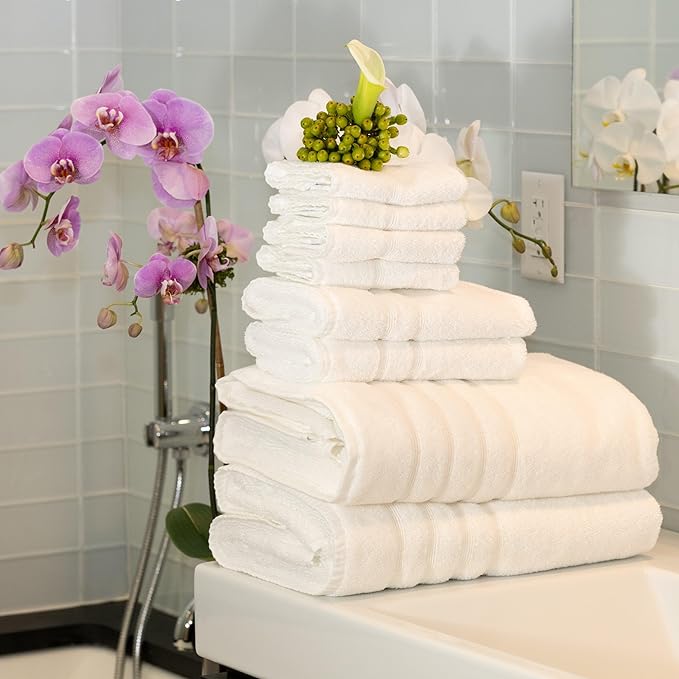 Mosobam Luxury Turkish 8pc XL Towel Set 35X70 16X30 13X13 White Oversize 700 GSM Bamboo Viscose & Aegean Turkish Combed Cotton