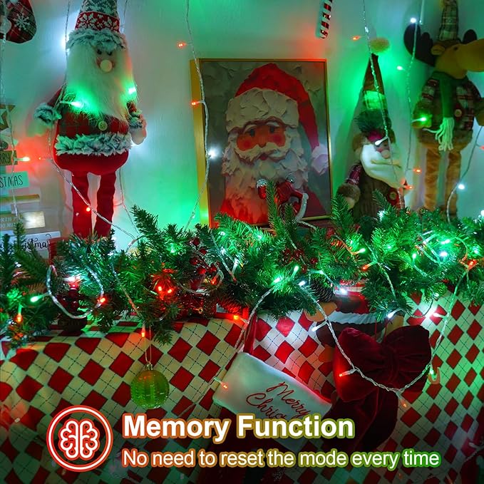 QITONG Red White Green Christmas Light Outdoor Waterproof, 165ft 500 LED String Lights with 8 Modes, Clear Wire Christmas Tree Light Indoor Plug-in