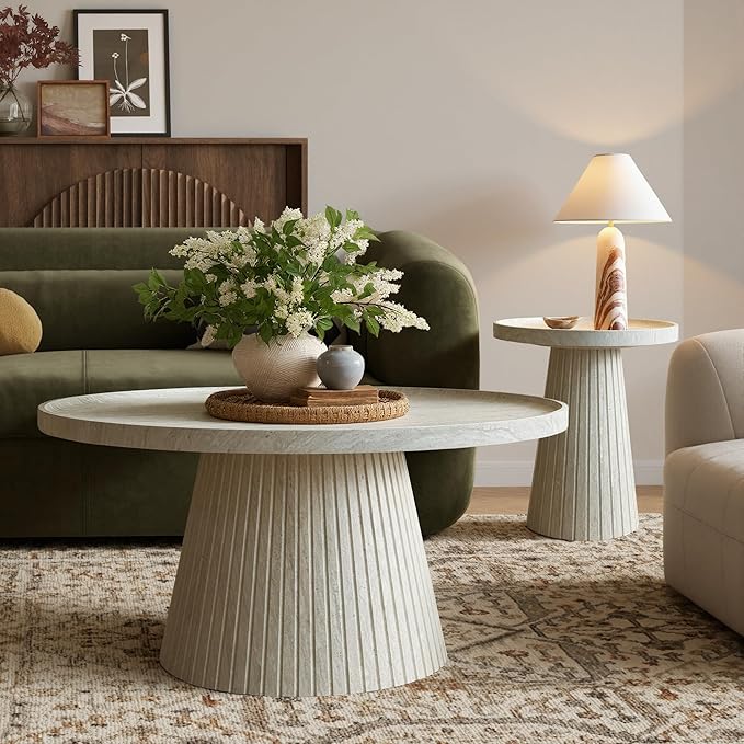 win2win Nesting Coffee Table Set of 2, Modern Fluted Coffee Table with Faux Stone Veneer, Travertine Round Tea Table and End Table Set, Minimalist Center Tables for Living Room, Office, Stone