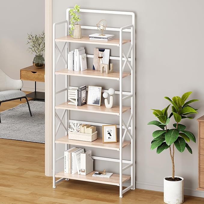 No Assembly Folding Bookshelf, 5 Tiers Vintage Wood Collapsible Book Shelf for Storage,Industrial Metal Foldable Bookcase Organizer for Living Room Bedroom Home Office (Beige)