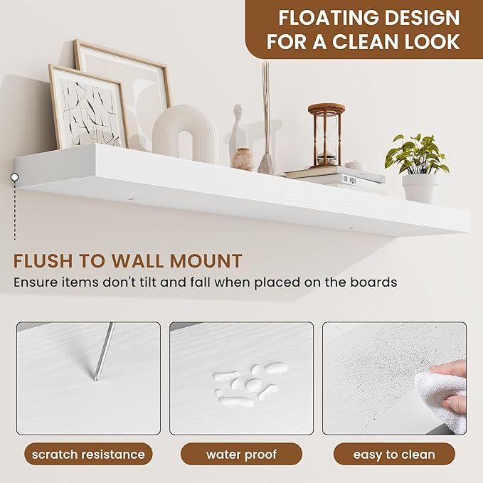 fuqing Floating Shelves for Wall, Wall Mounted Wood Floating Shelf with Invisible Brackets for Living Room, Bathroom, Bedroom, Kitchen Storage and Decor, 48 Inch Set of 2, White