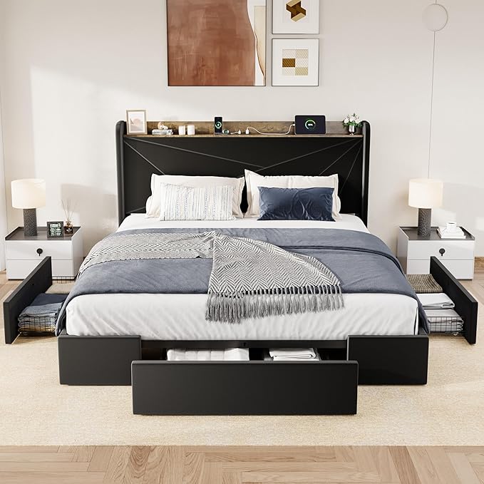 Allewie King Size Velvet Bed Frame with 3 Storage Drawers, Upholstered Platform Bed with Wingback Storage Headboard and USB Ports, No Box Spring Needed, Easy Assembly, Black