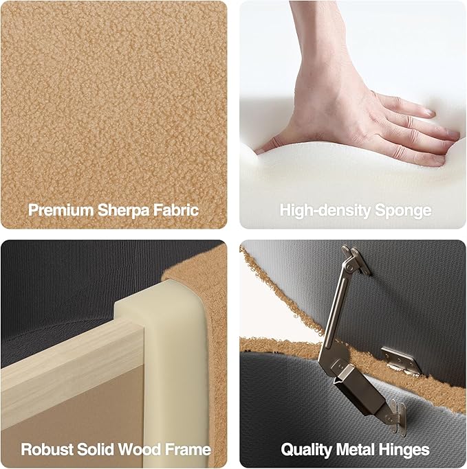 Sherpa Storage Ottoman Bench for Bedroom, Beige End of Bed Bench with Storage, Upholstered Boucle Storage Bench with Metal Stand and Hinges, Oval Ottoman for Living Room, 45 Inch