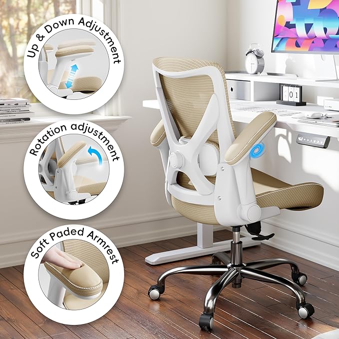 Office Home Ergonomic Desk Chair-Computer X-Shaped Chair Mesh PU Leather with Adjustable Lumbar Support-Executive Chair High Back Flip-Up Arms for Long Hours (Khaki-No Headrest)