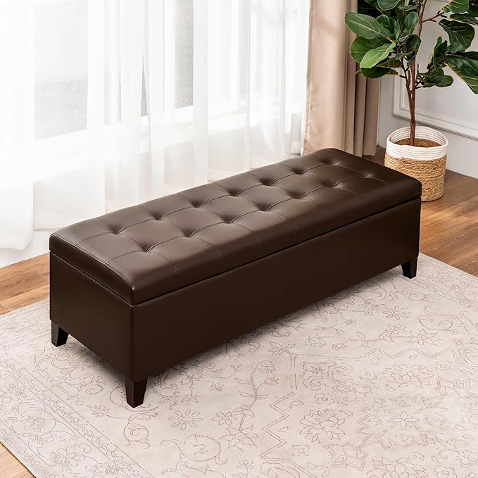 Joveco Storage Ottoman Bench, 51 Inch Leather Tufted Bench for End of Bed, Bedroom, Living Room, Brown