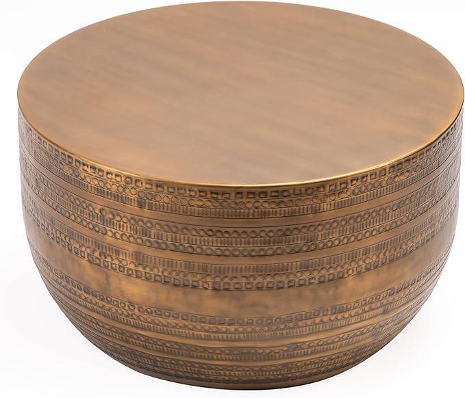 Modern Round Aluminum Hammered Embossed Texturing Metal Drum Coffee Table, Hand-Stamped Iron, Boho Accent Cylinder Drum Coffee Table, Cocktail Table, for The Living Room and Bedroom, Brass