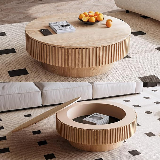 39'' Large Round Coffee Table with Storage, Fluted Coffee Table with Solid Wood Veneered, Mid Century Modern Wooden Center Table, Accent Tea Table for Living Room Apartment, Natural