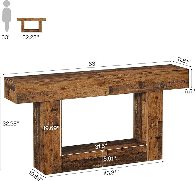 Tribesigns 63" Console Table, Farmhouse 2-Tier Entryway Table with U-Shaped Base, Narrow Long Wood Sofa Table Behind Couch Table for Living Room, Hallway, Foyer, Mix Brown