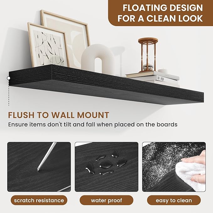 fuqing Floating Shelves for Wall, Wall Mounted Wood Floating Shelf with Invisible Brackets for Living Room, Bathroom, Bedroom, Kitchen Storage and Decor, 36 Inch Set of 2, Black