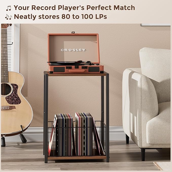 Side Table with Magazine Holder, Record Player Stand with LP Shelf, End Table for Living Room, Bedroom, or Bedside, Easy Assembly, 11" D x 16.9" W x 23.6" H, Rustic Brown