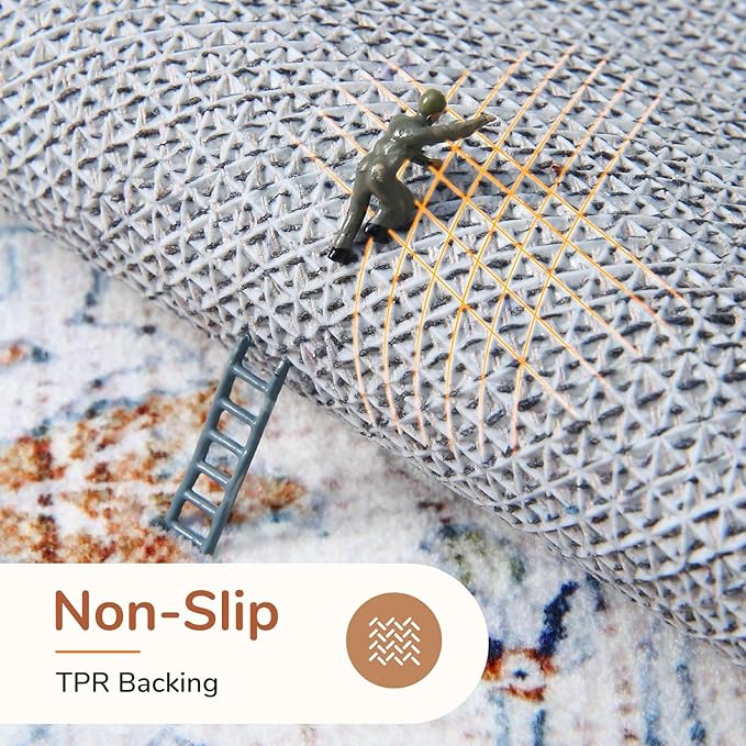 OPPODREAM Thin Neutral Area Rugs 4x6, Low-Pile Washable Rugs 4x6 with Non Slip Backing, Faux Cashmere 4 x 6 Throw Carpet, Cream White & Blue & Light Brown