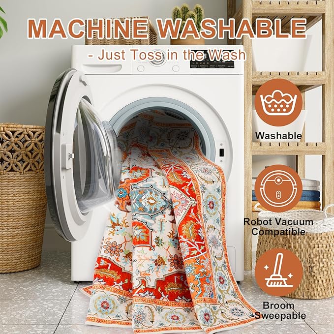 WILLSUN Washable Area Rugs, 3x5 Non-Slip Boho Large Area Rugs for Living Room, Bedroom, Machine Washable Vintage Rug, Indoor Floral Print Carpet for Home Decor, Kid & Pet Friendly Mat
