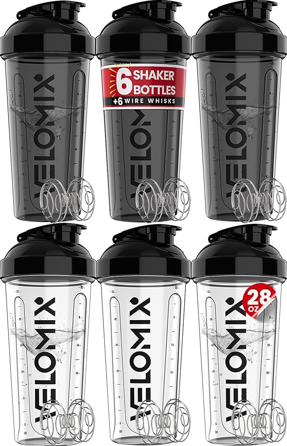 VELOMIX -6 PACK- 28 OZ Protein Shaker Bottles for Protein Mixes, Shaker Cups for Protein Shakes, Small Shaker Bottle Pack, Shaker Cup, Shakers for protein Shakes (Clear Core Set)