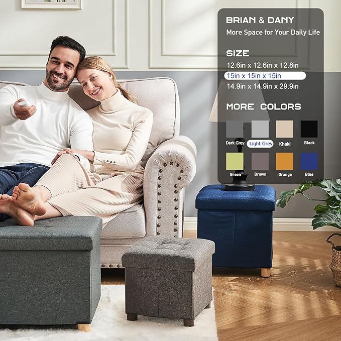 BRIAN & DANY 15 Inches Ottoman with Storage, Square Small Storage Ottoman Foot Rest with Legs, Ottomans Foot Stool for Dorm, Living Room, Entryway (Light Gray)