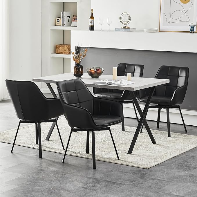 TUKAILAi Swivel Dining Chairs Set of 4, Faux Leather Upholstered Mid Century Accent Chairs with Metal Legs, Rotatable Armchairs for Home Kitchen Restaurant (Black)
