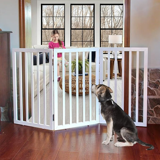 ZJSF Freestanding Indoor Dog Gate for House Foldable Wood White Puppy Gate for Doorways Pet Gate for Stairs Extra Wide Pet Fence 32" Height 3 Panels