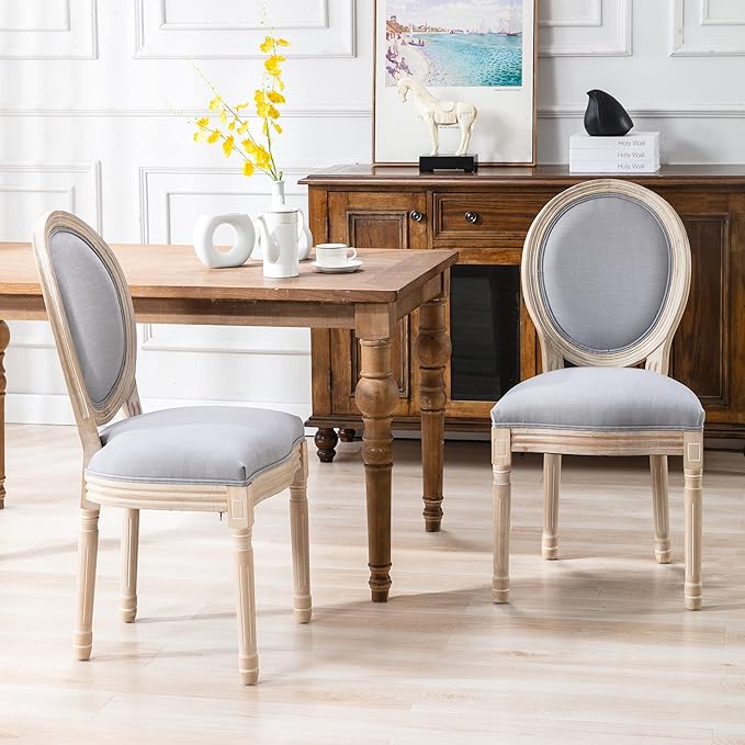 Nrizc French Country Dining Chairs Set of 2, Farmhouse Dining Chairs, Vintage Dining Chair with Round Back, Mid Century Dining Chair, Wood Grey Fabric Chair, for Kitchen, Bedroom, Restaurant