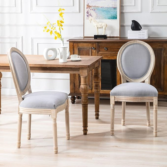 Nrizc French Country Dining Chairs Set of 2, Farmhouse Dining Chairs, Vintage Dining Chair with Round Back, Mid Century Dining Chair, Wood Grey Fabric Chair, for Kitchen, Bedroom, Restaurant