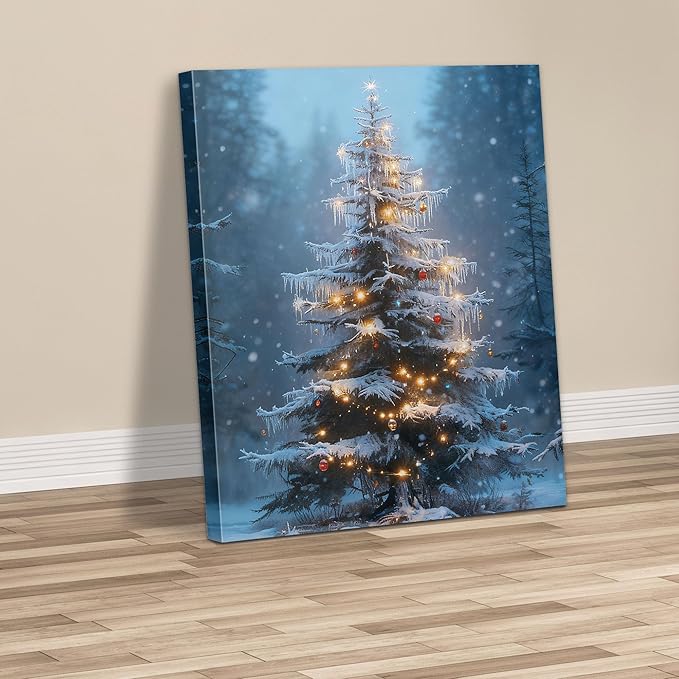 Framed Christmas Pictures Wall Decor,Vintage Pine Tree Prints,Winter Christmas Canvas Wall Art Decoration for Bedroom Bathroom Living Room Rustic Xmas Holiday Gifts (Christmas Tree 15, 16'' X 20'')