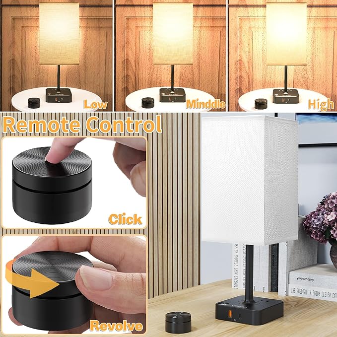 COZOO Bedroom Table Lamp with Remote Operation Control,Dimmable Bedside Table Desk Lamp with USB C+A Charging Ports 2 AC Outlets,Nightstand Lamp White Shade Lamp for Living Room,Dorm,Home Office,Decor