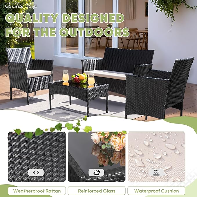 Greesum Patio Furniture 4 Pieces Conversation Sets Outdoor Wicker Rattan Chairs Garden Backyard Balcony Porch Poolside loveseat with Cushion and Glass Table, Black and Beige