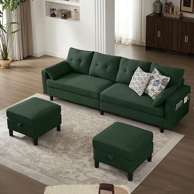 101" Convertible Sectional Sofa, Modern Linen Fabric U-Shaped Couch with 2 Storage Ottomans and Storage Pocket, 4 Seat Sofa Couches for Living Room, Apartment, Office, Green