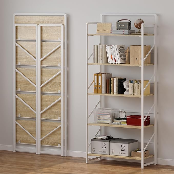 JSB Folding Bookshelf,Industrial Storage Shelves, No Assembly Vintage Wood Look Bookshelf with Storage Shelves for Living Room, Bedroom, Office (White, 5-Tier)