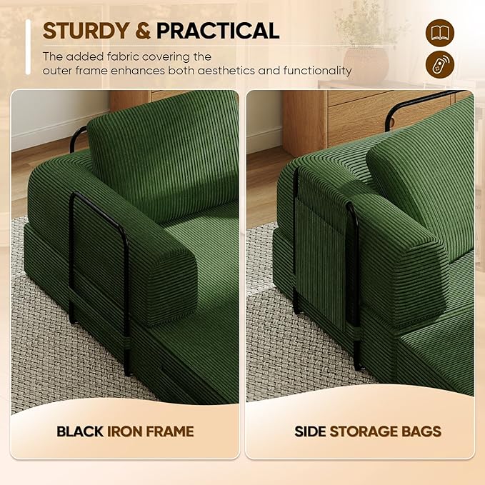 Antetek Convertible Sofa Bed, Comfy Corduroy Fluffy Love seat Sleeper Sofa, 5 in 1 Folding Couch Bed, Fold Out Floor Couch with Pillows for Bedroom, Living Room, Office, Pinstripe, Green