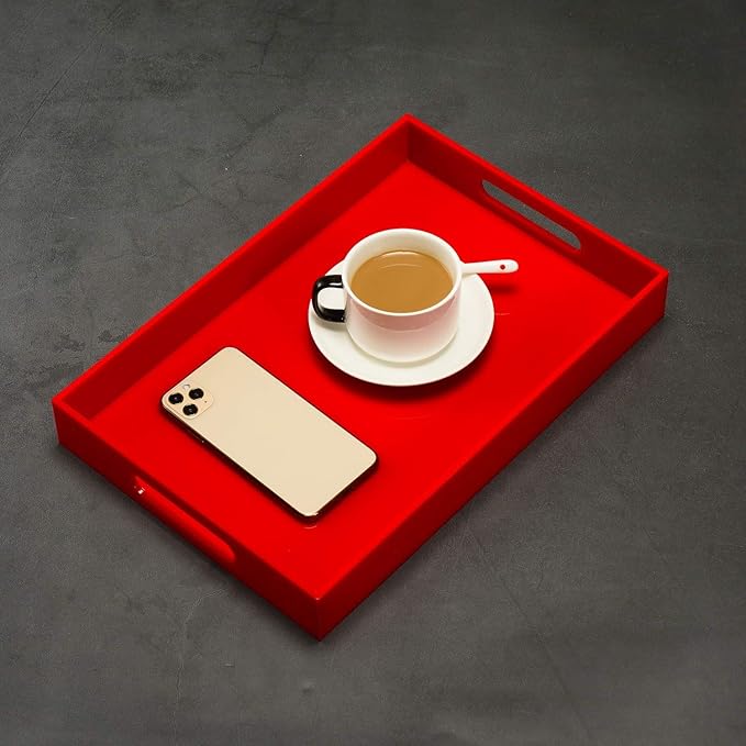 Sturdy Red Acrylic Serving Tray with Handles - 10x15Inch, Coffee, Appetizer, Breakfast, Butler Tray - Kitchen Countertop & Vanity Table Organizer
