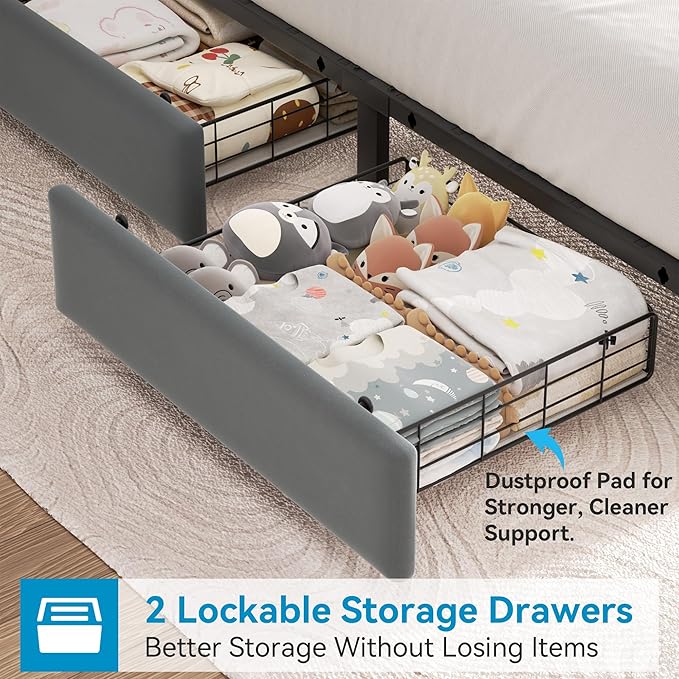 Twin Upholstered LED Bed Frame with 2 Storage Drawers and 2-Tier Storage Bookcase Headboard, Velvet Platform Bed for Kids/Girls/Boys, Heavy Duty Metal Support, No Box Spring Needed, Grey