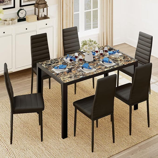Gizoon Glass Dining Table Sets for 6, 7 Piece Kitchen Table and Chairs Set for 6 Person, PU Leather Modern Dining Room Sets for Home, Kitchen, Living Room