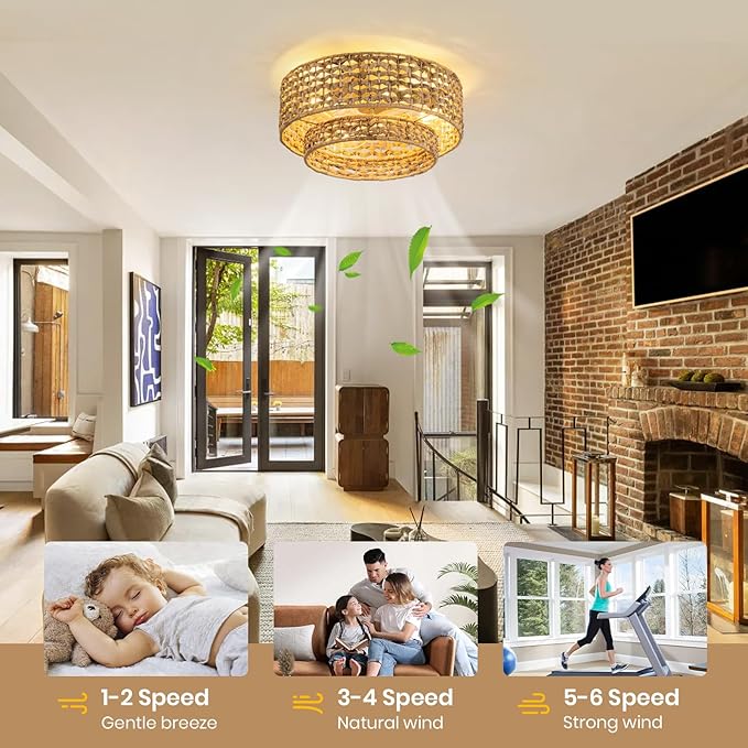 Boho Caged Ceiling Fan with Lights Flush Mount, Handwoven Layered Rattan Fandelier ceiling fan with Remote Control, Reversible 6-Speed Enclosed Ceiling Fan Light for Bedroom, Living Room, Nursery, E26