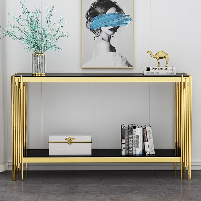 Goujxcy Modern Glass Console Table 55" Gold Entryway Table with Black Glass Top and Mirror Finish Stainless Steel Legs, Luxury Rectangular Sofa Tables for Living Room Hallway Corridor Table (Gold)