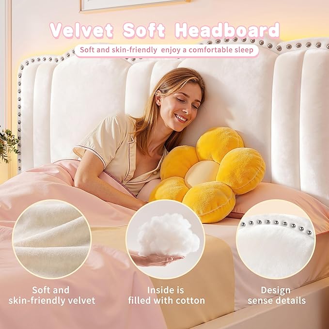 EnHomee Full Size Bed Frame with LED, Velvet Upholstered Headboard and 2 Drawers, Platform Bed Frame with Height Adjustable Headboard, Strong Support, No Box Spring Needed, Easy Assembly, Cream