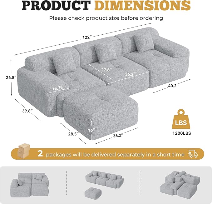 122" Modern Boneless Couches for Living Room, Convertible L Shaped Modular Sectional Sofa,4 Seater Cloud Couch Sofa Set, Light Grey 1 PCS