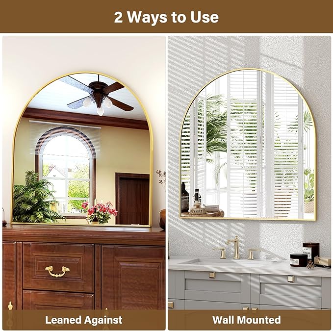 Arched Bathroom Mirror 32" x 34" for Bathroom Vanity Mirror or Wall Decor Gold Arch Mirror Aluminum Alloy Frame Wall Mounted Mirror for Living Room Bedroom Entryway