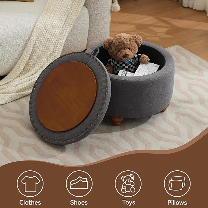 24Inch Round Storage Ottoman with Tray, Modern Tufted Fabric Circle Coffee Table with Storage, Upholstered Ottoman with Removable Top for Living Room, Bedroom, Dark Grey