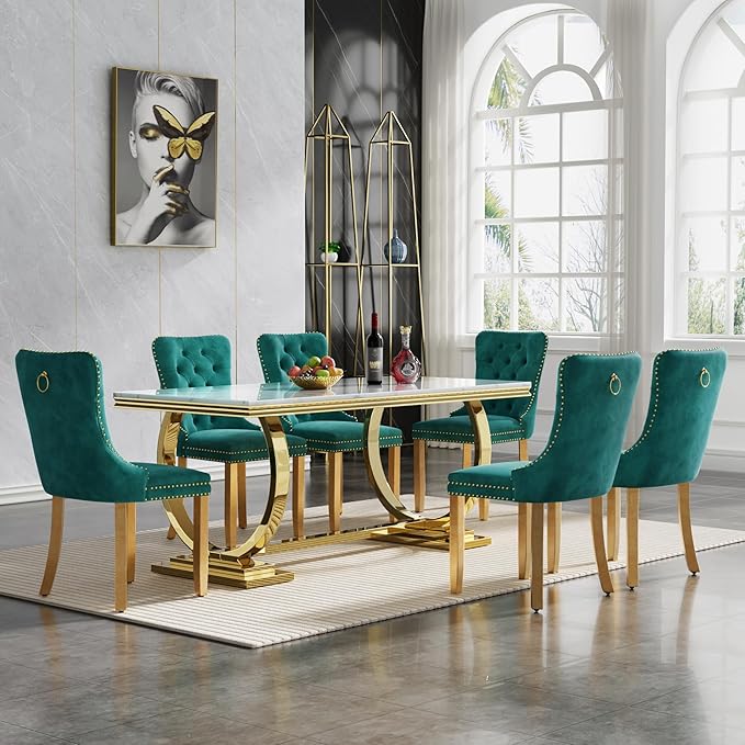 Goujxcy 7 Piece Marble Dining Table Set for 6, Luxury White Marble Gold Kitchen Table with 6 Green Velvet Upholstered Chairs, Modern 6 Person Dining Room Table Set for Kicken Dining Office Room
