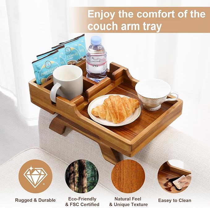 Acacia Wood Couch Arm Tray, 15.35"x9.85" Couch Armrest Table with Cup Holder, Foldable Desktop for Dual Use Sofa Arm Tray, with Non-Slip Feet