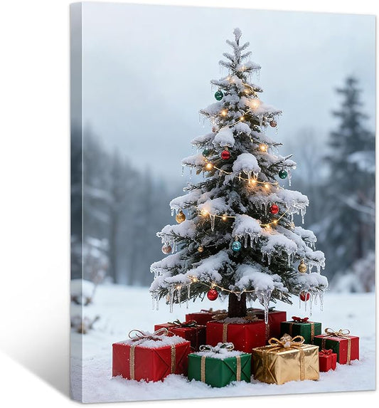 Framed Christmas Pictures Wall Decor,Vintage Pine Tree Prints,Winter Christmas Canvas Wall Art Decoration for Bedroom Bathroom Living Room Rustic Xmas Holiday Gifts (Christmas Tree 11, 20'' X 32'')