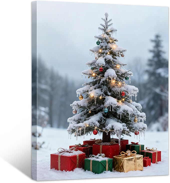 Framed Christmas Pictures Wall Decor,Vintage Pine Tree Prints,Winter Christmas Canvas Wall Art Decoration for Bedroom Bathroom Living Room Rustic Xmas Holiday Gifts (Christmas Tree 11, 16'' X 24'')