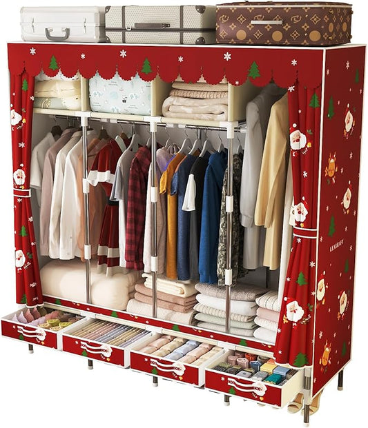 Portable Wardrobe with 4 Drawers Simple Temporary Wardrobe, Armario Portátil,New Oxford Cloth, Christmas Style (Christmas Color)