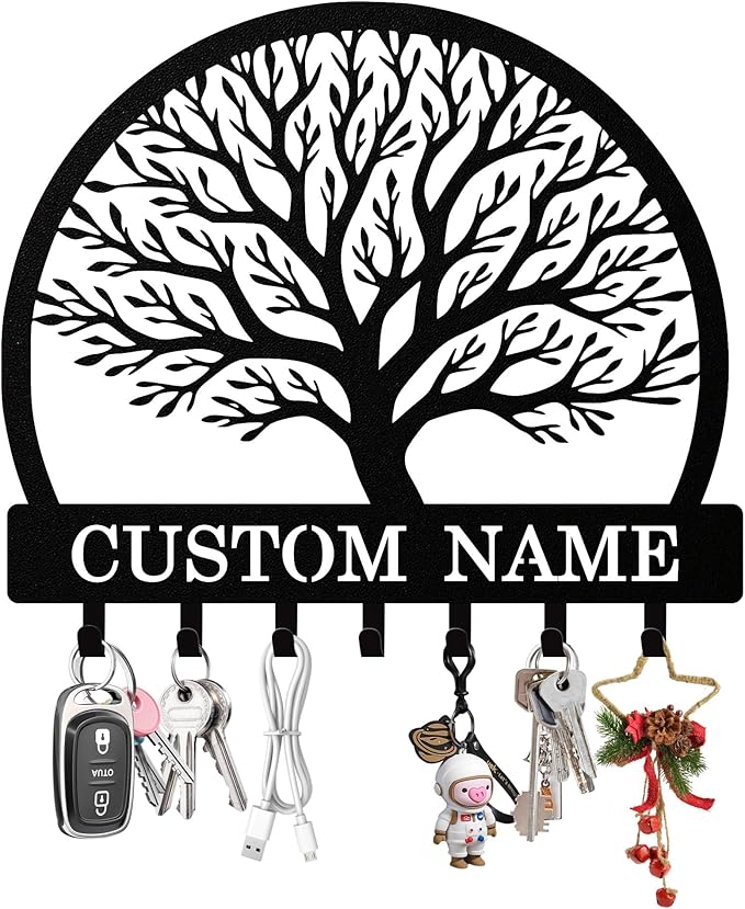 Personalized Key Holder Wall Mount, Custom Tree of Life Metal Keys Hanger for Wall with Name, Custom Key Rack Holder with Hooks for Home, Entryway, Front Door, Living Room, Kitchen, Bathroom