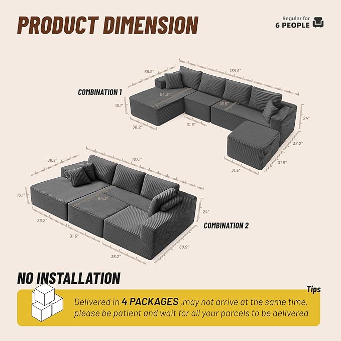 138" Boneless Couch with Deep Seat, Modular Sectional Sofa, Cloud Sectional Couch for Living Room, No Assembly Required, Corduroy, U-Shape 4 Seater Left, Gray