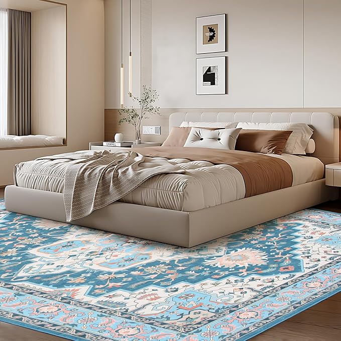 WILLSUN Washable Area Rugs, 9x12 Non-Slip Boho Large Area Rugs for Living Room, Bedroom, Machine Washable Vintage Rug, Indoor Floral Print Carpet for Home Decor, Kid & Pet Friendly Mat
