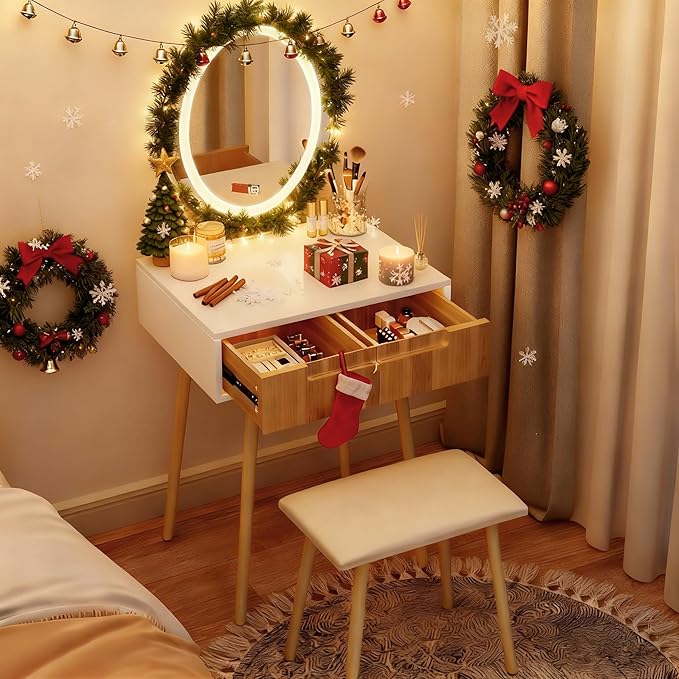 Small Vanity Desk with Mirror and Lights, Wooden Handles with Cushioned Stool, 3 Lighting Modes Round Makeup Table with Upgraded Silent Slides, Compact Vanity for Small Spaces, Natural Oak