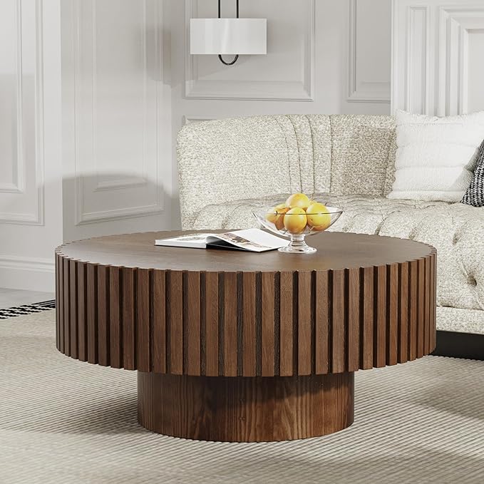 Round Coffee Table for Living Room, 31.5'' Modern Handcraft Drum Coffee Table Unique Fluted Coffee Tables Wood Center Table End Table for Small Space, Farmhouse Apartment Office (Round Brown)