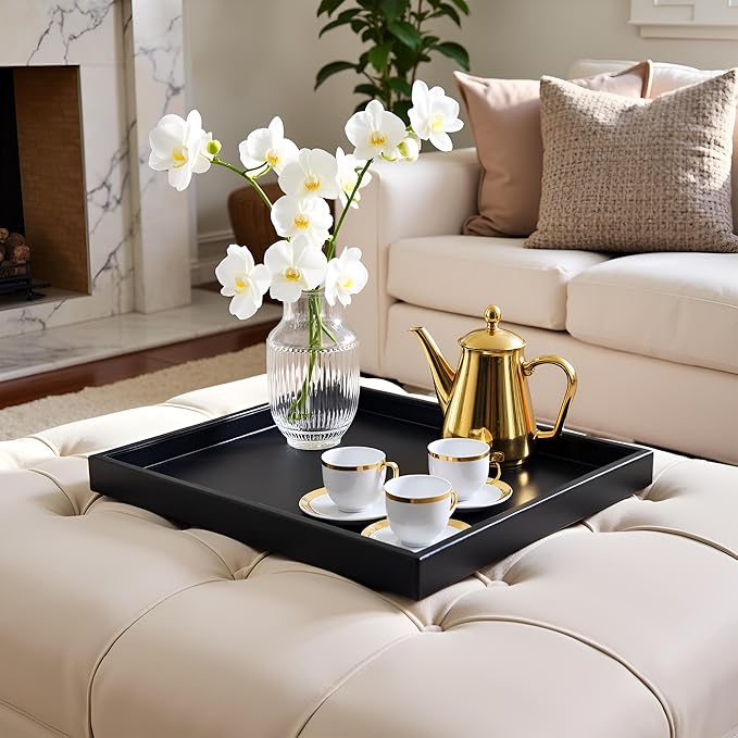 20 * 20 inches Luxury Leather Square Oversized Service Tray, Ottoman & Coffee Tray for Family Dinner, Out-of-House Picnic & Party (Black)