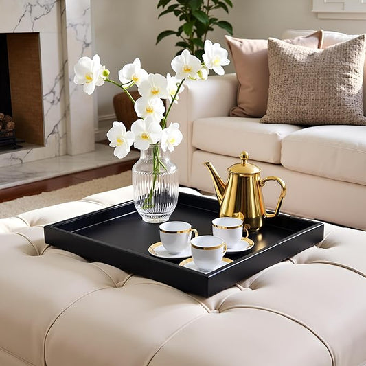 20 * 20 inches Luxury Leather Square Oversized Service Tray, Ottoman & Coffee Tray for Family Dinner, Out-of-House Picnic & Party (Black)