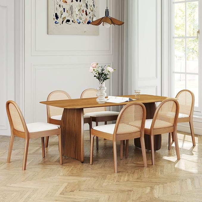 LukeAlon Modern Sherpa Dining Chairs Set of 4, Natural Woven Rattan Cane Back Side Chairs with Solid Wood Legs Mid Century Dinner Chairs for Kitchen Living Room, White